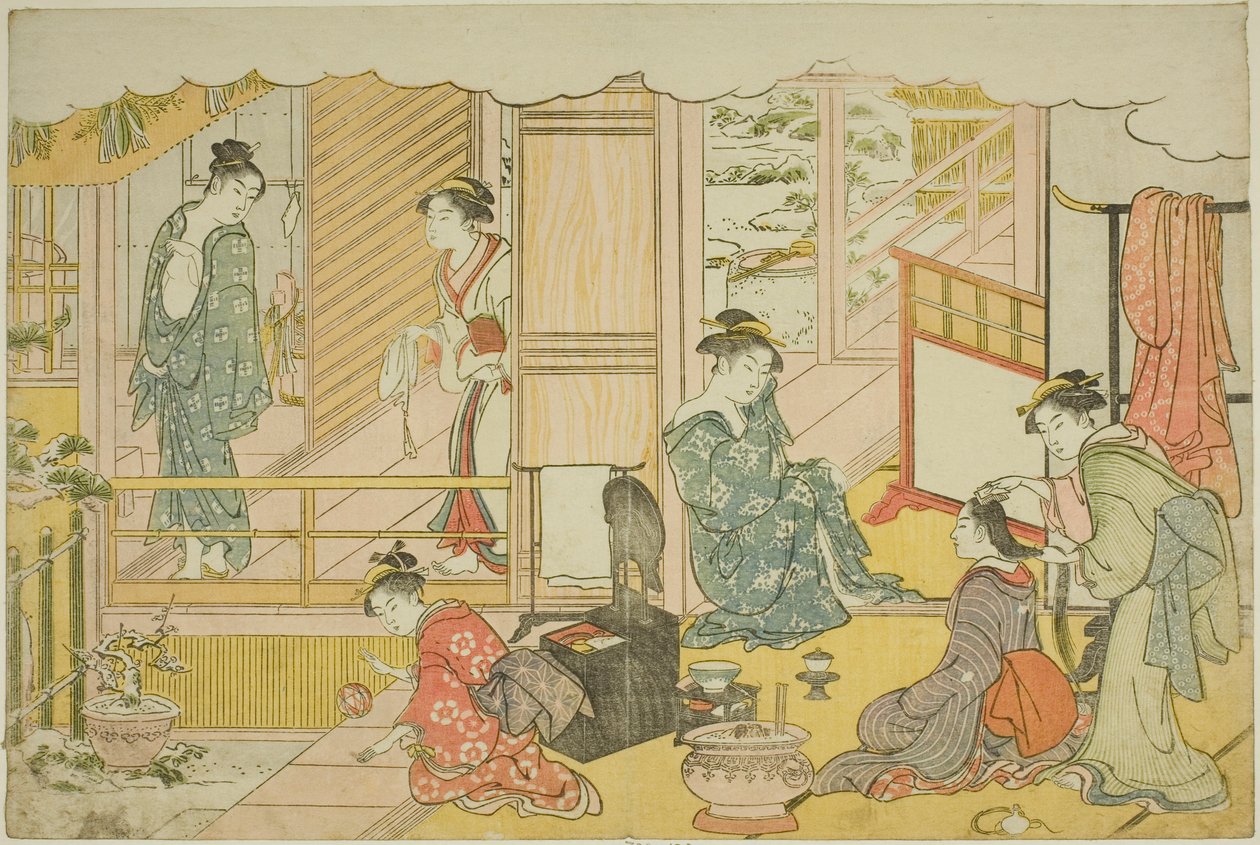 První koupel nového roku (Yudono hajime), z ilustrované knihy "Barvy trojitého úsvitu (Saishiki mitsu no asa)" od Torii Kiyonaga