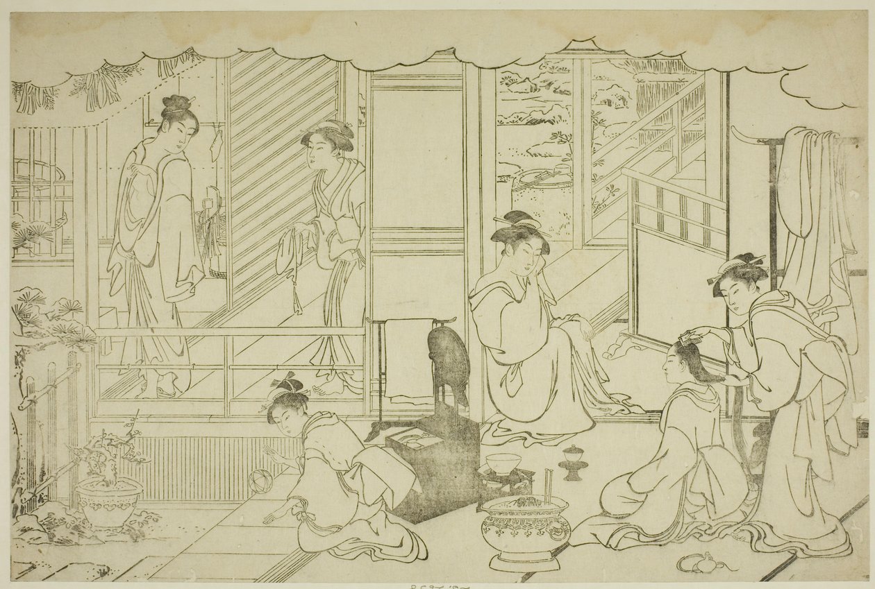 První koupel nového roku (Yudono hajime), z ilustrované knihy "Barvy trojitého úsvitu (Saishiki mitsu no asa)" od Torii Kiyonaga