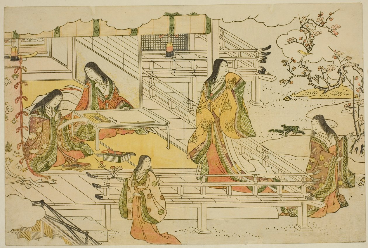 První kaligrafie nového roku (Kissho hajime), z ilustrované knihy "Barvy trojitého úsvitu (Saishiki mitsu no asa)" od Torii Kiyonaga