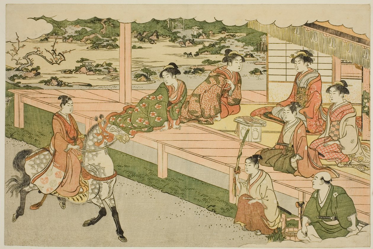 První jízda na koni nového roku (Uma norizome), z ilustrované knihy "Barvy trojitého úsvitu (Saishiki mitsu no asa)" od Torii Kiyonaga