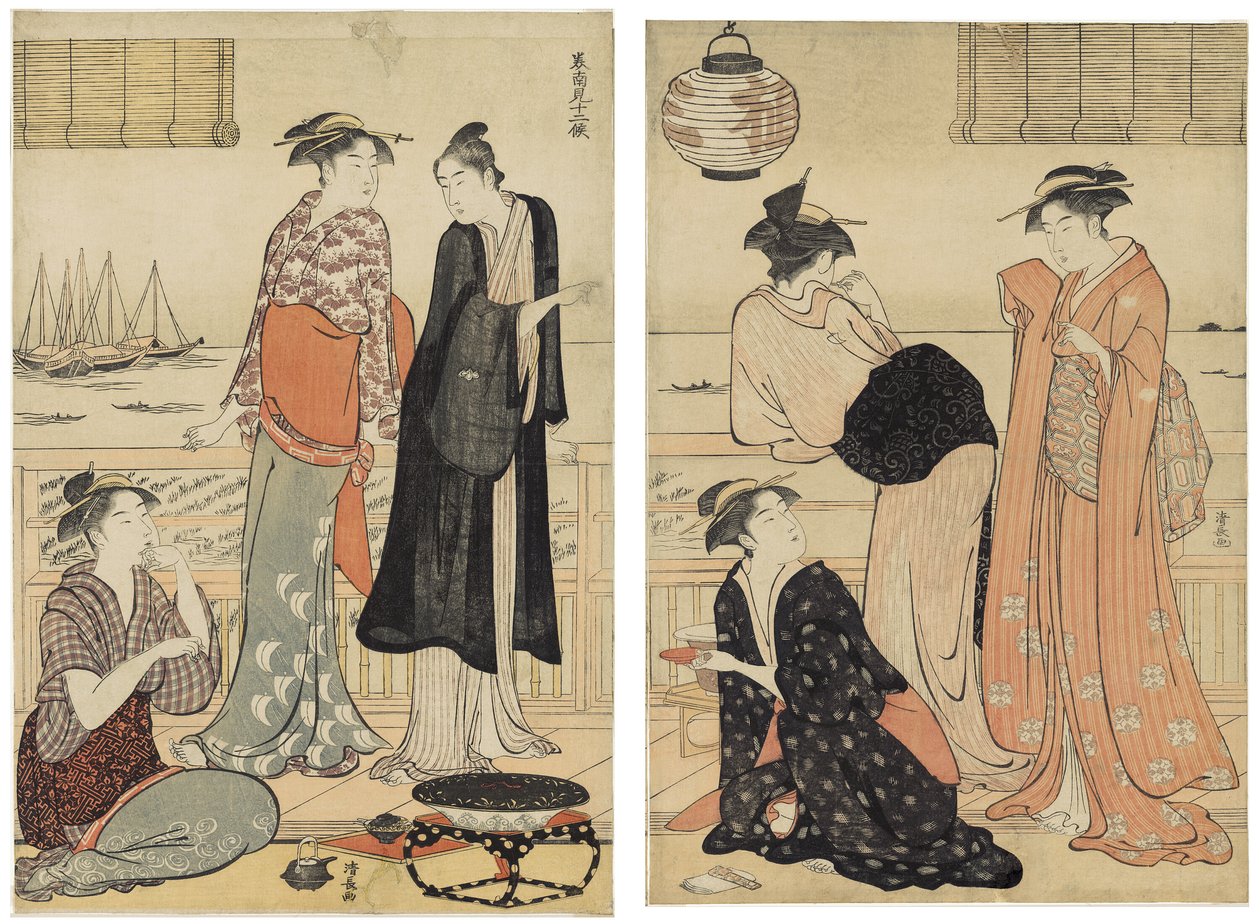 Šestý měsíc, užívat si večerní pohodu v čajovně, ze série Dvanáct měsíců v jižní čtvrti (Minami jūni kō) od Torii Kiyonaga