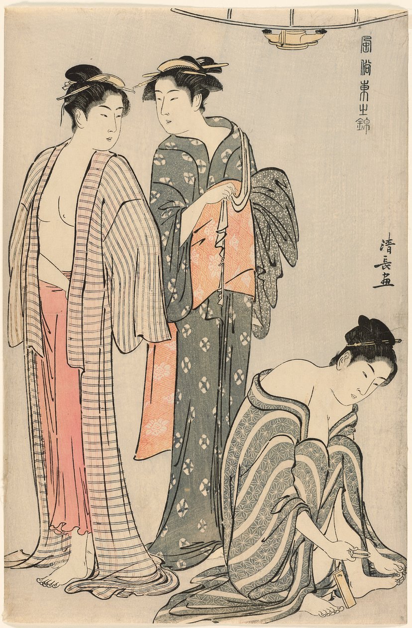 Tři ženy po koupeli, ze série "Brokád východních mravů (Fuzoku Azuma no nishiki)" od Torii Kiyonaga