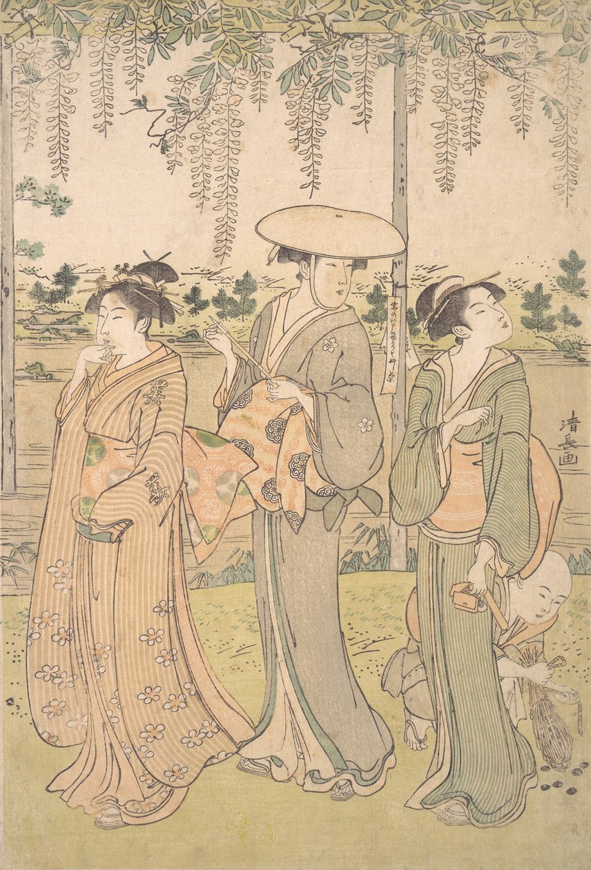 Tři ženy a malý chlapec pod Wisteria Arbor na břehu potoka, ca. 1790. od Torii Kiyonaga