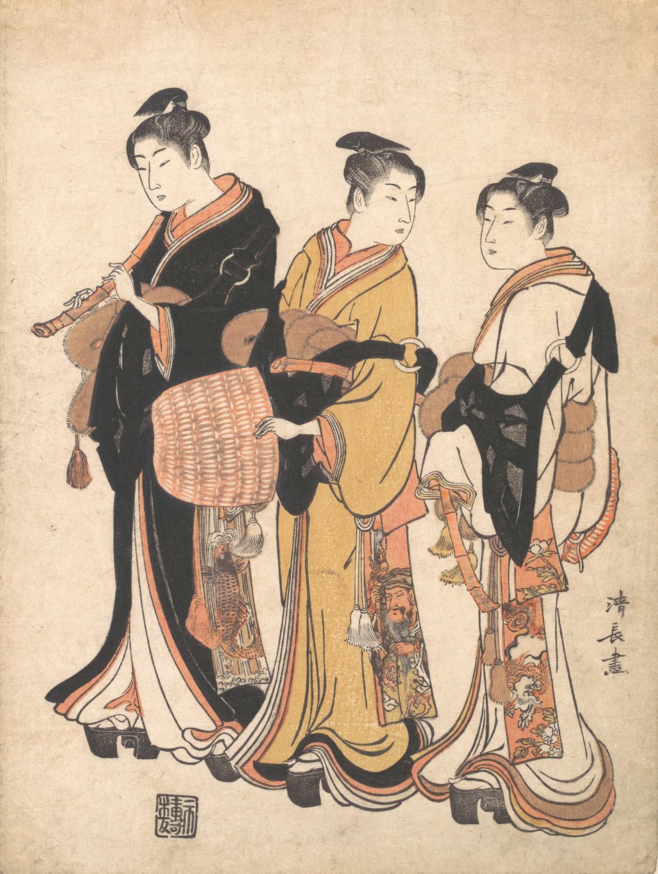 Tři mladé ženy maskující se jako Komuso Strolling Minstrel, ca. 1778. od Torii Kiyonaga