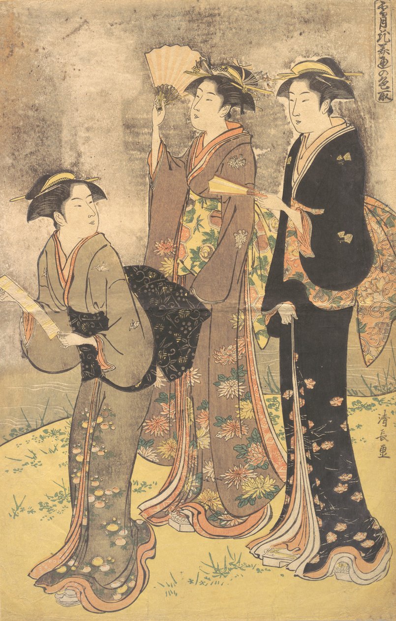 Tři mladé ženy procházky na břehu řeky Sumida. od Torii Kiyonaga