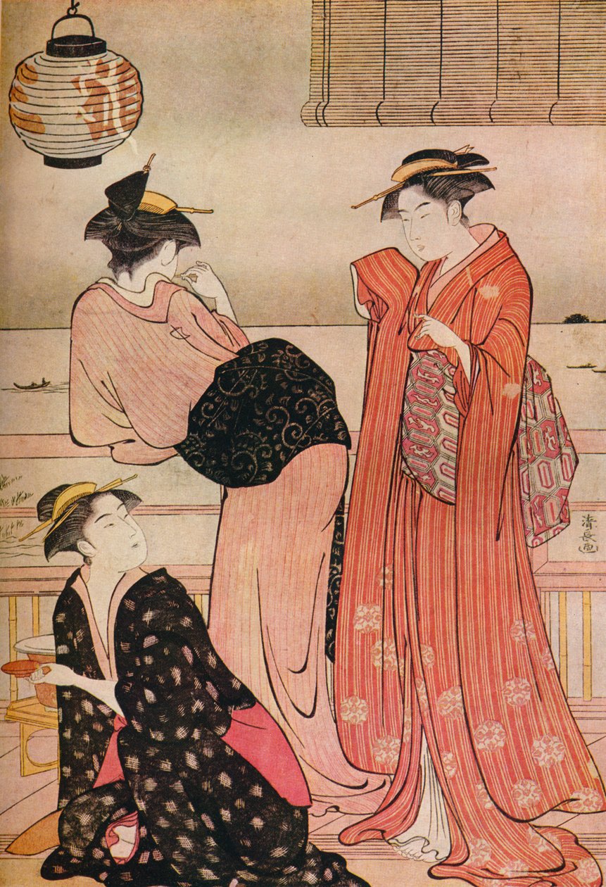 Tři dívky na verandě čajovny s výhledem na záliv Edo v Shinagawa, c1752-1815 od Torii Kiyonaga