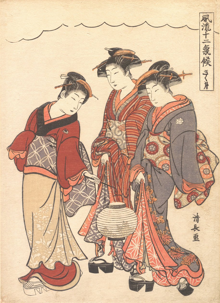 Dvě gejše, kterým předcházela služka nesoucí lucernu, ca. 1778. od Torii Kiyonaga