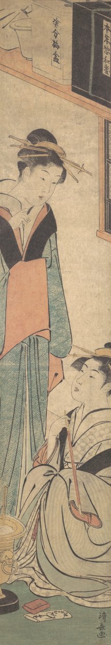 Dvě dívky mluví poblíž ohniště Hibachi, ca. 1785. od Torii Kiyonaga