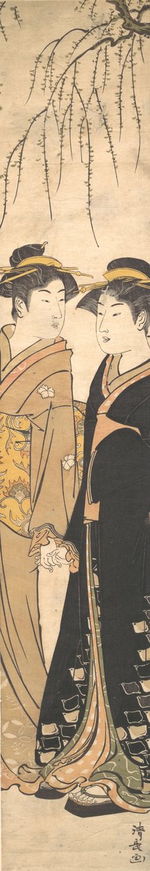 Dvě vysoké mladé ženy jdoucí ruku v ruce, ca. 1785. od Torii Kiyonaga