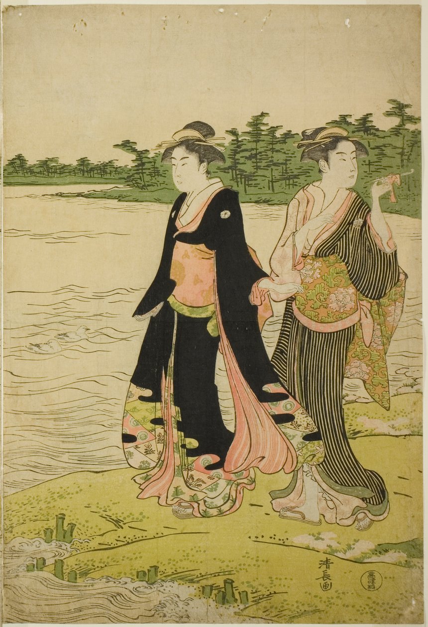 Dvě ženy čekající na trajekt na řece Sumida od Torii Kiyonaga
