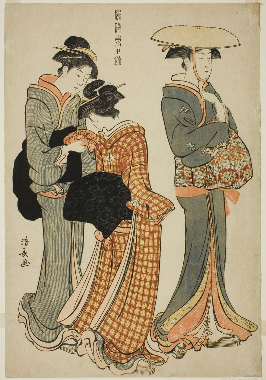 Dvě ženy a služebná, ze série "Brokád východních mravů (Fuzoku Azuma no nishiki)" od Torii Kiyonaga