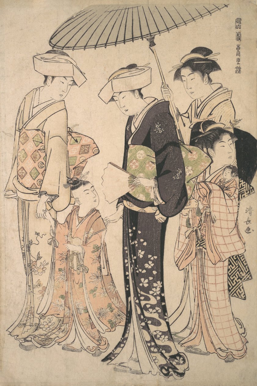 Dvě ženy v letním kostýmu berou mladou dívku do šintoistického chrámu na Miya Mairi ..., ca. 1783. od Torii Kiyonaga