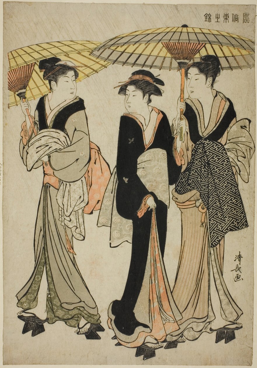 Pod deštníky ve sprše, ze série "Brokád východních mravů (Fuzoku Azuma no nishiki)" od Torii Kiyonaga
