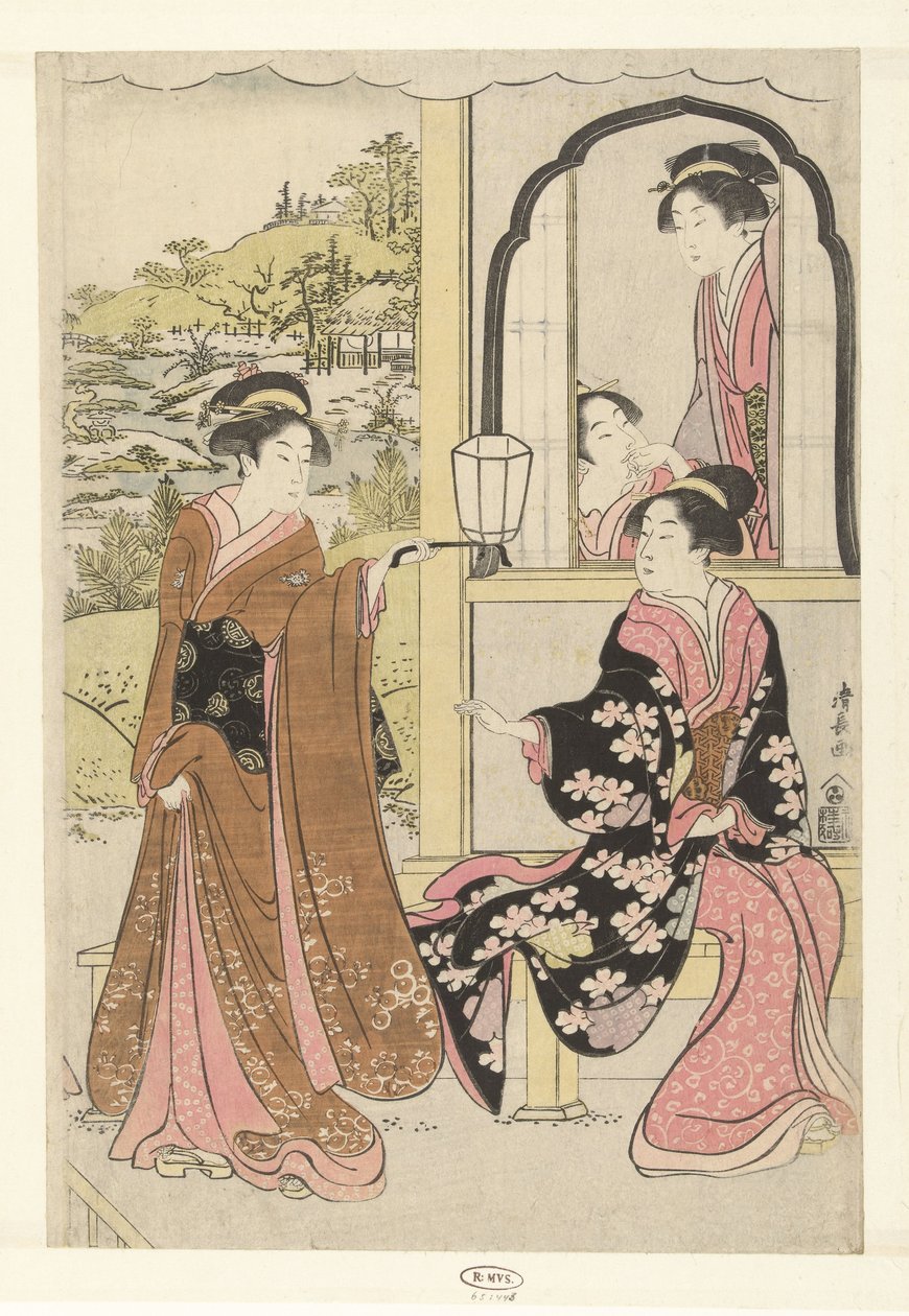 Čtyři dvorní dámy poslouchající hru na flétnu Yoshitsune od Torii Kiyonaga