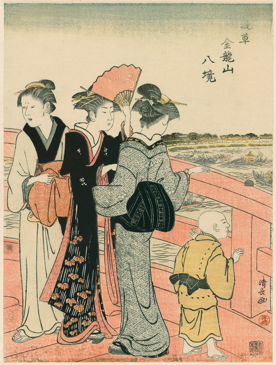 Sledování vodního festivalu z mostu Azuma, ze série „Osm okrsků chrámu Kinryuzan v Asakusa (Asakusa Kinruzan hakkei)“ od Torii Kiyonaga
