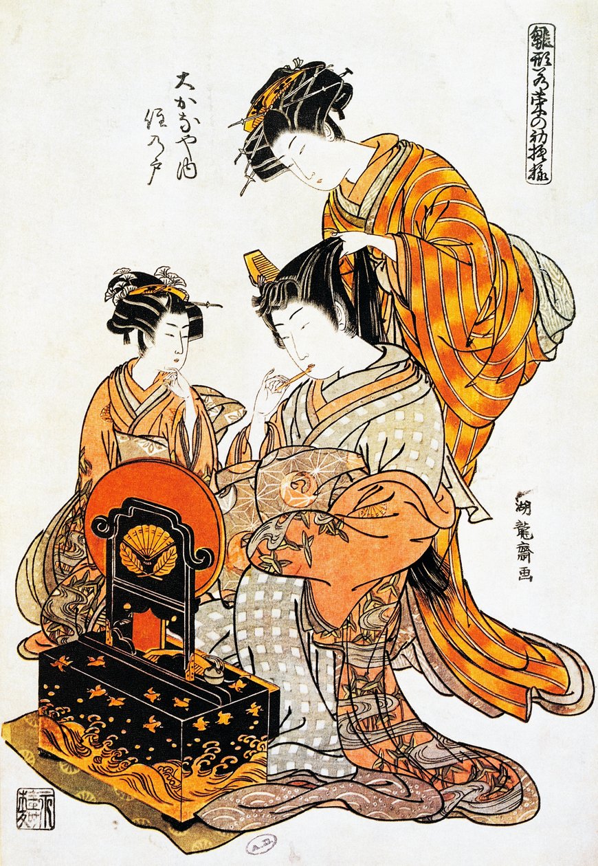 Žena před zrcadlem s česanými vlasy, umělecký tisk ukiyo-e od Torii Kiyonaga (1751-1815), dřevoryt, japonská civilizace, období Edo od Torii Kiyonaga