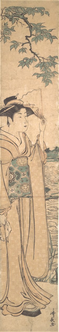Žena s ventilátorem na břehu řeky Sumida. od Torii Kiyonaga