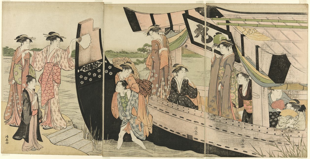 Ženy připlouvající na břeh z výletní lodi na řece Sumida od Torii Kiyonaga