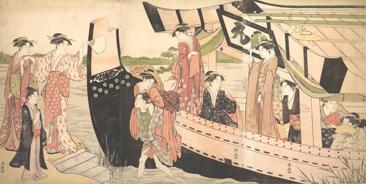 Ženy přistávající z výletní lodi přitažené ke břehu v Mukojima na řece Sumida, ..., ca. 1785. od Torii Kiyonaga