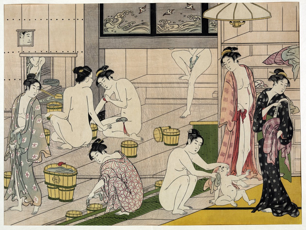 Ženy ve veřejných lázních. Japonský tisk od Torii Kiyonaga (1752-1815), kolem roku 1785. Škola Torii (ukiyo-e nebo ukiyo e). od Torii Kiyonaga