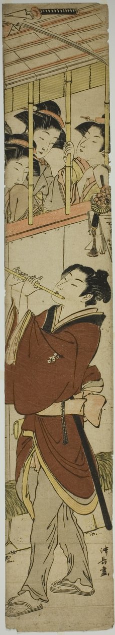 Mladý muž hraje na flétnu jako tři dívky hodinky od Torii Kiyonaga