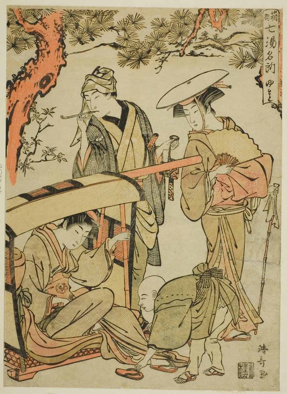 Yumoto, ze série "Sedm slavných horkých pramenů Hakone (Hakone shichito meisho)" od Torii Kiyonaga