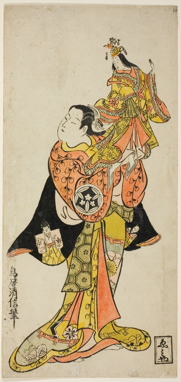 Herec Yamashita Kinsaku držící loutku císařovny ve hře „Deník vedený na cestě po moři do Izu (Funadama Izu Nikki), hrané v divadle Nakamura v prvním měsíci roku 1725 od Torii Kiyonobu II