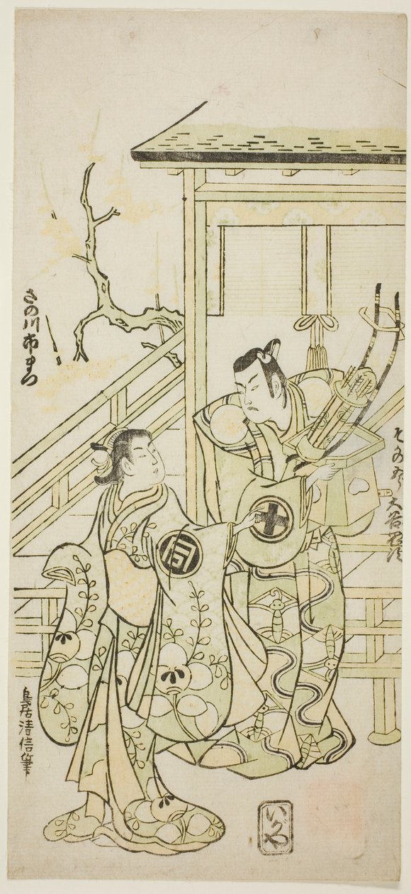 Herci Otani Oniji I jako Soga no Goro a Sanogawa Ichimatsu I jako sestra Yoshinaky ve hře „Fuji no Yuki Mitsugi Soga“, která byla uvedena v divadle Nakamura v prvním měsíci roku 1746. od Torii Kiyonobu II