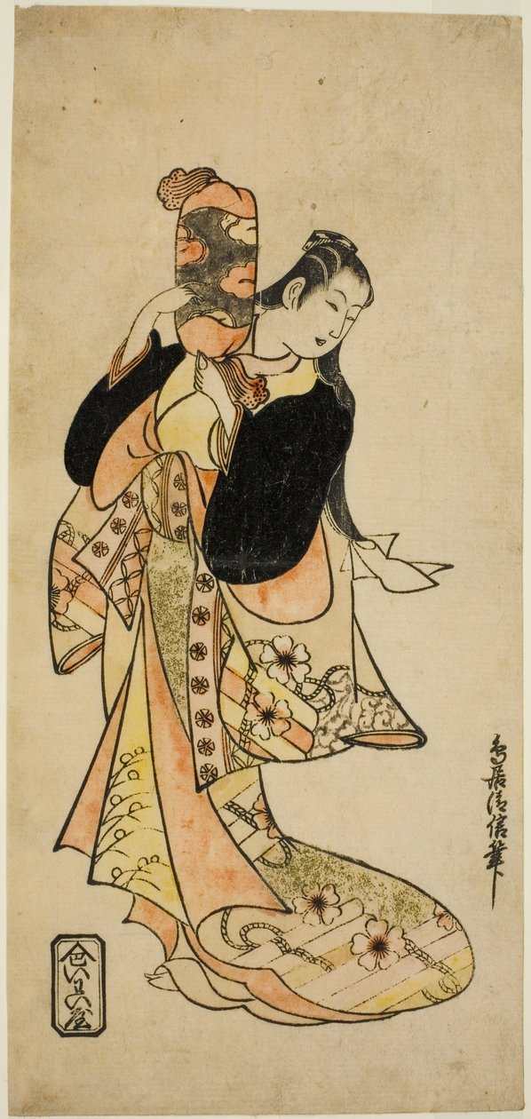 Herec Ichikawa Monnosuke I jako Oiso no Tora ve hře „Nigiwai Suehiro Soga“, vystupující v divadle Morita v prvním měsíci roku 1721 (?) od Torii Kiyonobu I