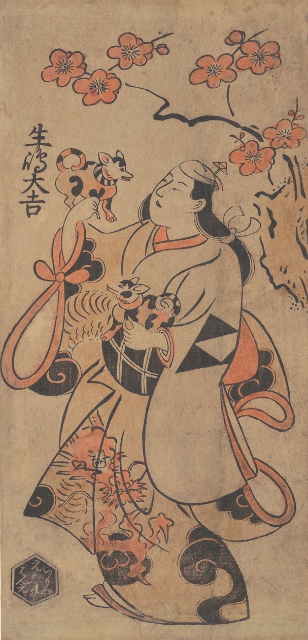 Herec Ikushima Daikichi jako žena stojící pod stromem Ume, ca. 1705. od Torii Kiyonobu I
