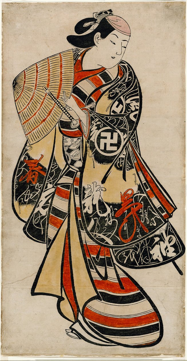 Herec Takii Hannosuke jako zženštilý mladík, asi 1707 (ručně kolorovaný dřevoryt; tan-e, vertikální o-oban) od Torii Kiyonobu I