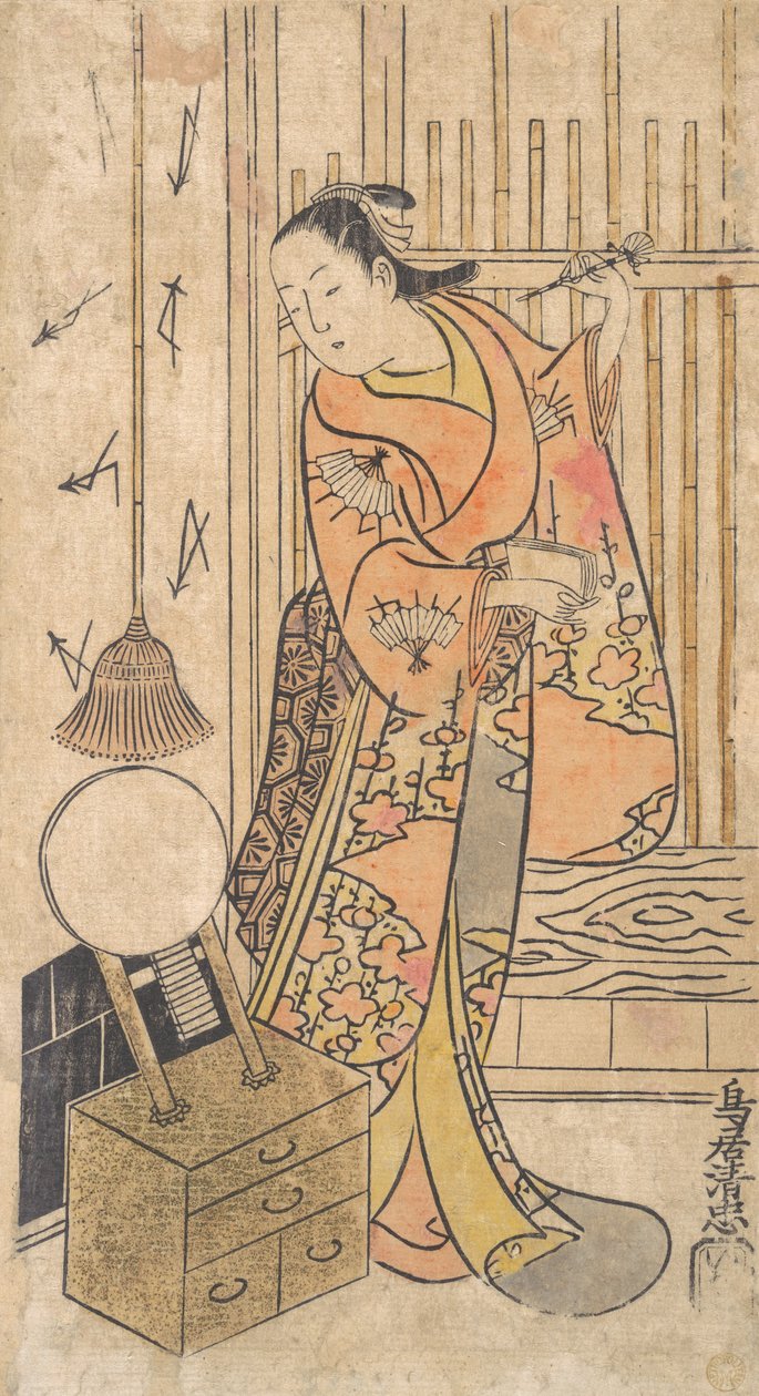 Herec jako žena stojící u zrcadlového stojanu, ca. 1735. od Torii Kiyotada