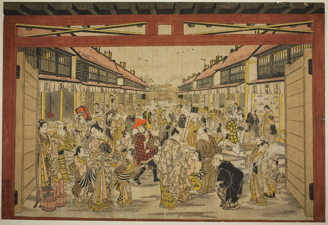 Hlavní brána, Nová Jošivara, asi 1745 (ručně kolorovaný dřevoryt; toku-oban joko-e, beni-e) od Torii Kiyotada