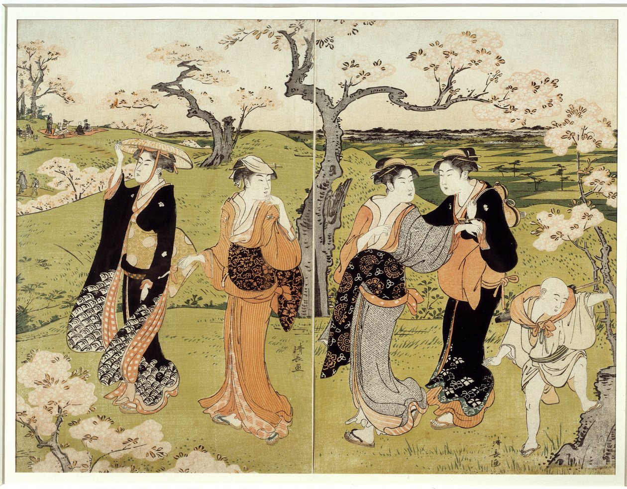 Piknik pod rozkvetlou třešní v Assaakayama. Japonský tisk od Torii Kiyonaga (1752-1815), styl Ukiyo-E od Torii Kuyonaga