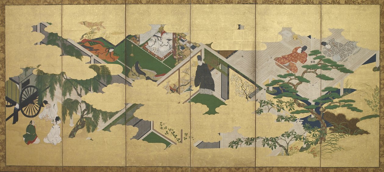 The Tale of Genji, kapitola 2: Návštěva prince Genjiho v Utsusemi, období Edo (inkoust, barva a zlato na papíře) od Tosa Mitsuoki