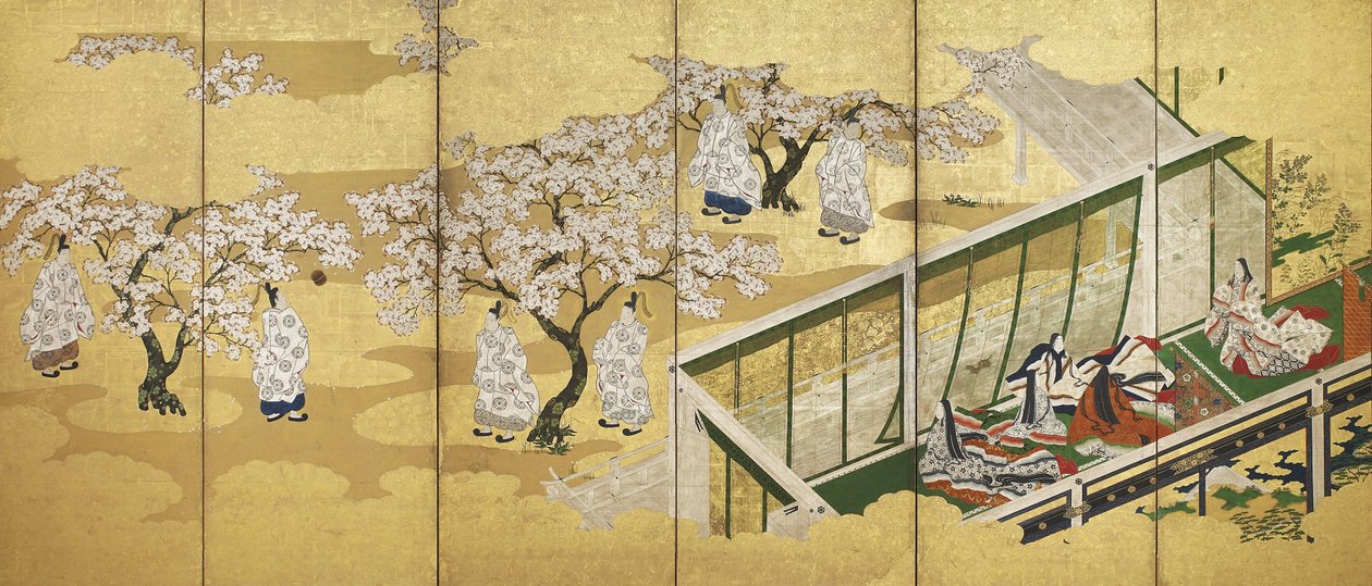 The Tale of Genji, kapitola 34; Kashiwagi zahlédne Třetí princeznu, období Edo (inkoust, barva a zlato na papíře) od Tosa Mitsuoki