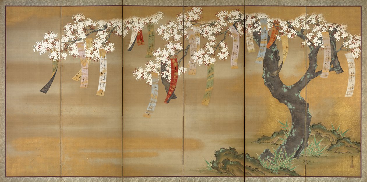 Kvetoucí třešeň a podzimní javory s básněmi, 1654-81 od Tosa Mitsuoki