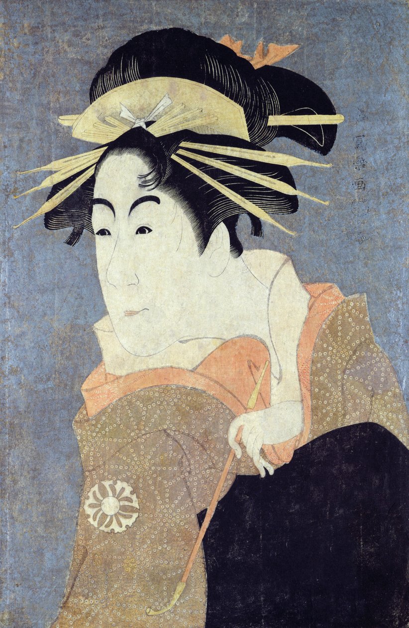 Matsumoto Yonesaburo v roli kurtizány Kewaizaka No Shosho (Shinobu) ve hře „Katakiuchi Noriai Banashi“, kolem 1794-95 (dřevotisk) (viz také 180628) od Toshusai Sharaku