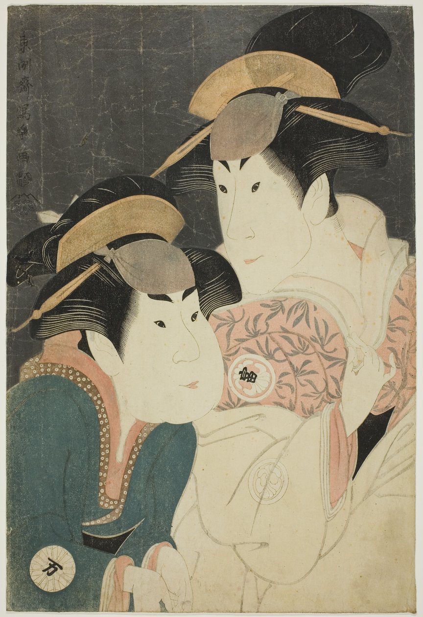 Herci Segawa Tomisaburo II (R) jako Yadorigi, manželka Ogishi Kuranda, a Nakamura Manyo (L) jako sluha Wakakusa od Toshusai Sharaku