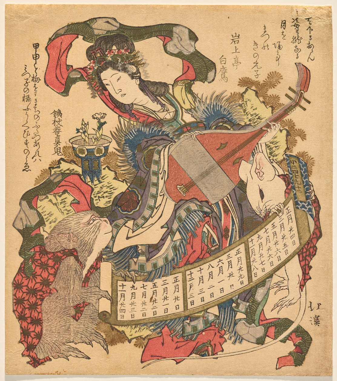 Benzaiten hraje biwa s opicí a bílou krysou od Totoya Hokkei