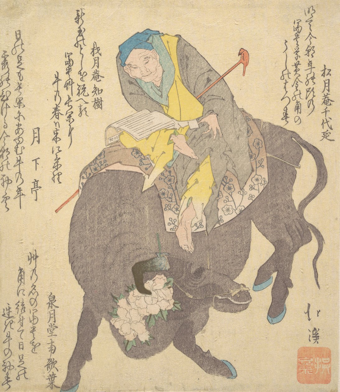 Čtení čínského mudrce při jízdě na buvolovi, ca. 1820. od Totoya Hokkei