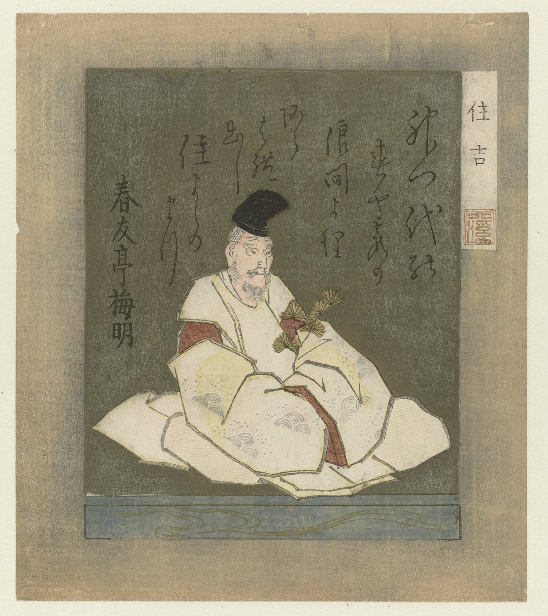 Básník Sumiyoshi Myojin Sumiyoshi (název na objektu) Tři bohové japonské poezie (název série) od Totoya Hokkei