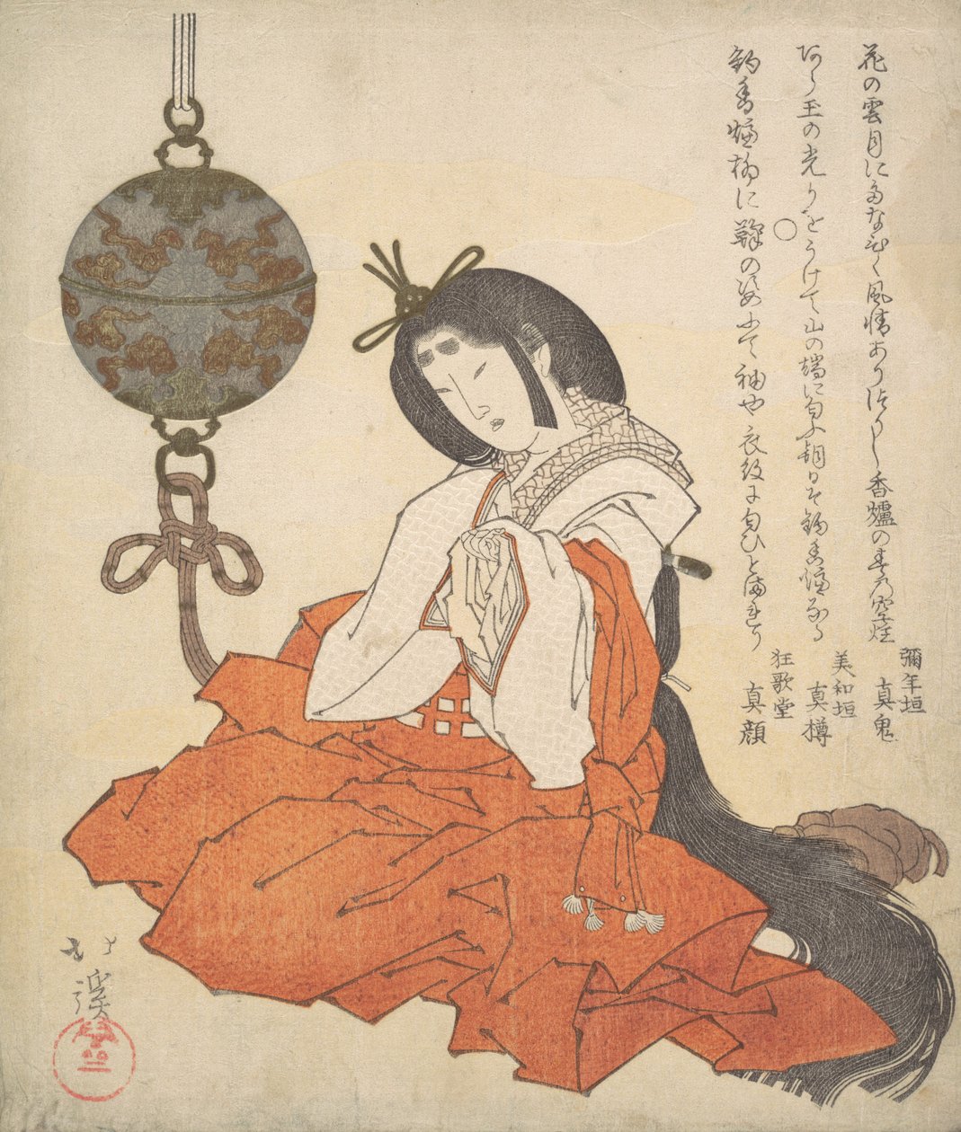 Kanjo Court Lady Sedící a Tsurikoro visící blízko její hlavy, ca. 1825. od Totoya Hokkei