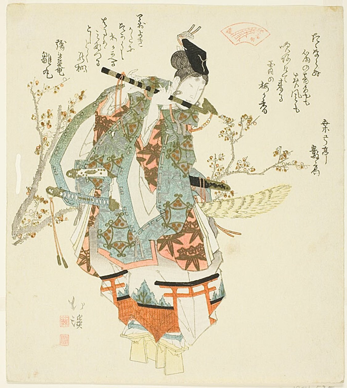 Minamoto no Yoshitsune (Ushiwaka Maru) hrající na flétnu od Totoya Hokkei
