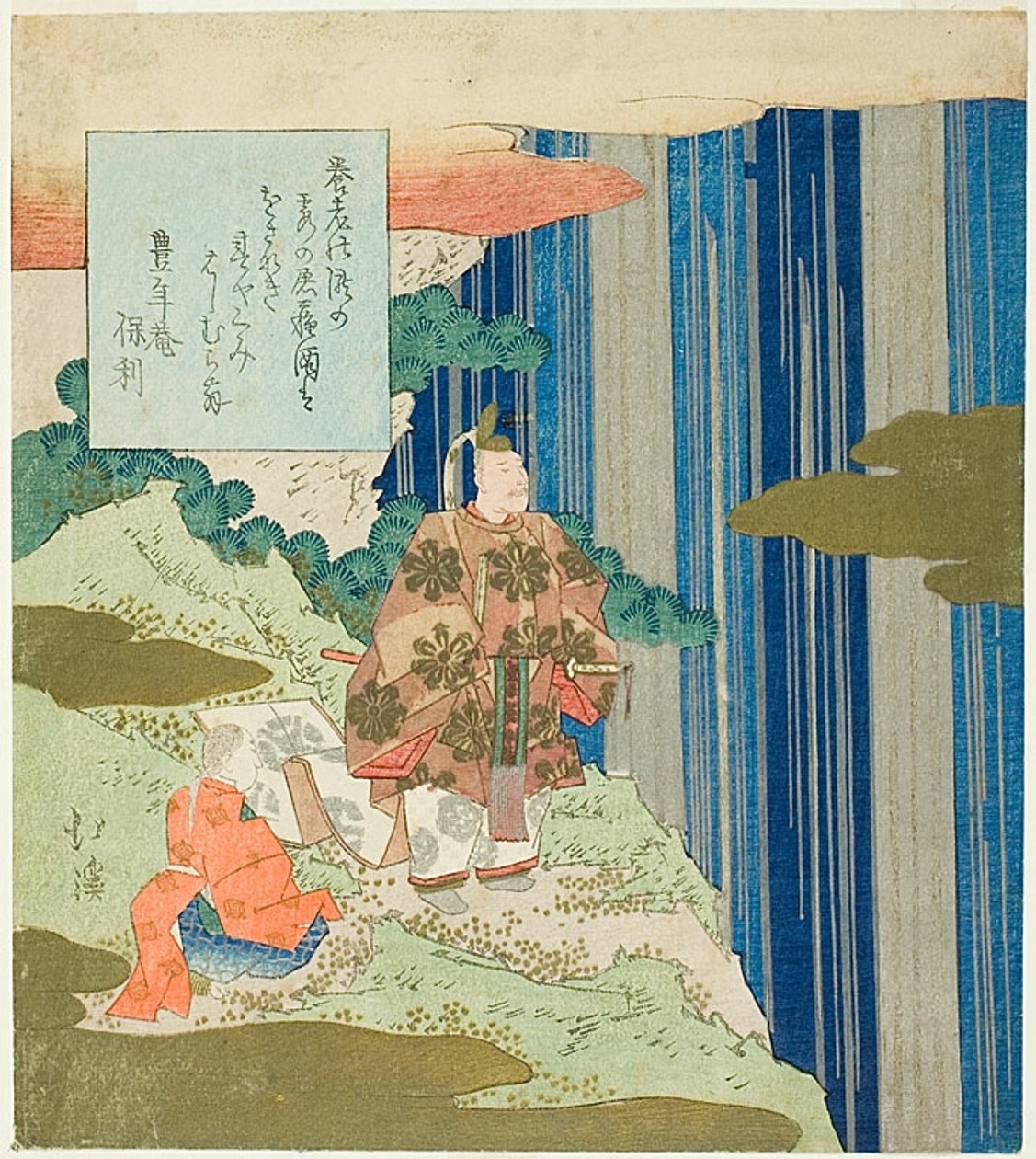 Narihira u vodopádu Nunobiki, z 87. dílu seriálu Tales of Ise od Totoya Hokkei