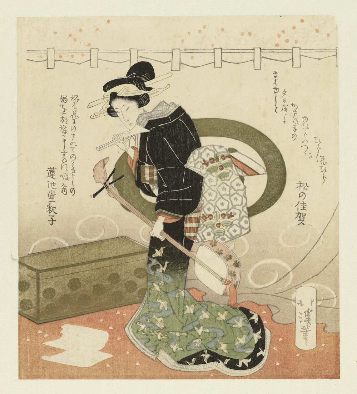 Žena s shamisen Pentaptych o obdivování květin (název série) Hanami gobantsuzuki (název série na objektu) od Totoya Hokkei