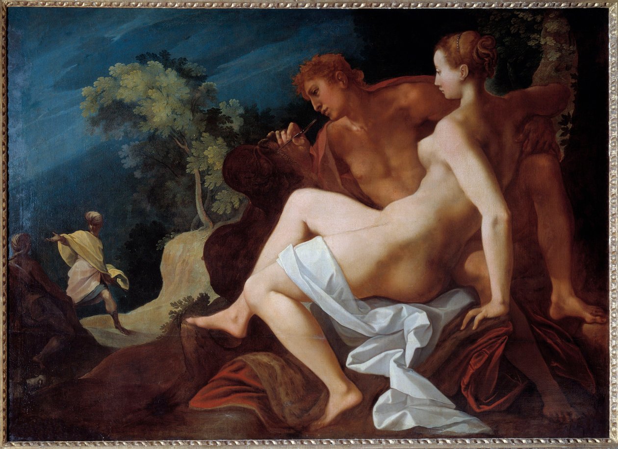 Angelique et Medor Ilustrace pro „“Le Roland Furieux““ (Orlando Furioso) od Ludovica Ariosta (Ariosto) představující Medora (Medoro) s nápisem na skále jménem Angelique (Angelica), se kterou se právě spojil – Na dně , přijíždí Roland, spol od Toussaint Dubreuil