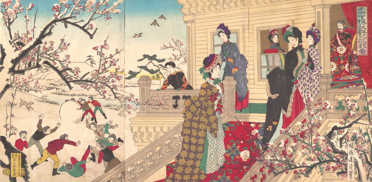 Děti si hrají ve sněhu pod rozkvetlými švestkami, 1887 (dřevotisk) od Toyohara Chikanobu