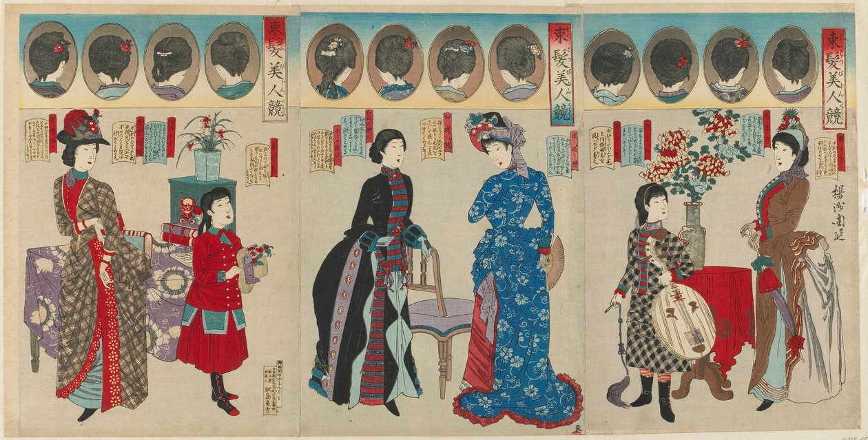 Srovnání krásných žen v západních účesech, éra Meidži, 1887 (barevný dřevořez) od Toyohara Chikanobu