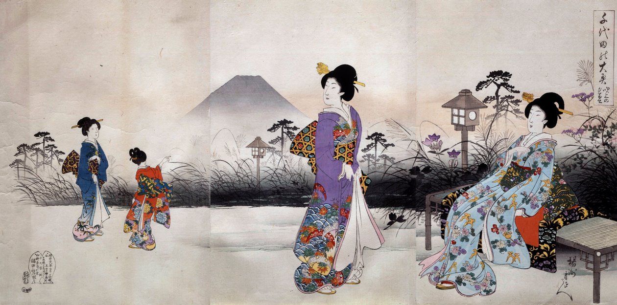 Japonské ženy kráčející před horou Fuji Japonský tisk Toyohara Chikanobu (1838-1912) 1896 Soukromá sbírka od Toyohara Chikanobu